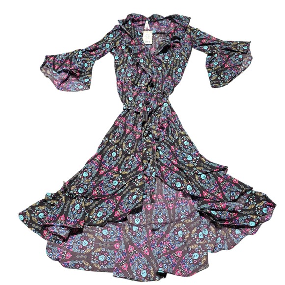 NEW Roper Paisley Print Wrap Dress Bell Sleeve Ruffle Trim Western Boho Womens M - Picture 1 of 9